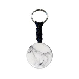  Marble-like disc keychain with black cord and metal ring.