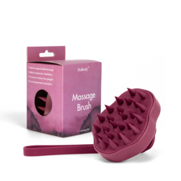 A burgundy-colored, round massage brush with soft bristles for scalp massage and hair stimulation.