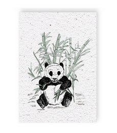 A black and white illustration of a panda bear sitting among bamboo plants.