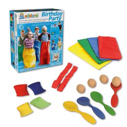The product is a Birthday Party set that includes 4 outdoor games. The set contains various colorful elements such as sacks, balls, and other accessories suitable for children's birthday parties and small group activities. The description highlights the educational and interactive nature of the games, which can help develop coordination and social skills.