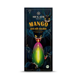 Organic mango chocolate bar with vibrant colors and a whimsical design featuring a butterfly-like creature.