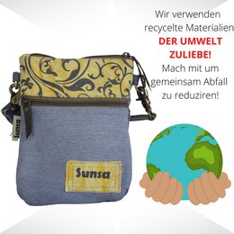 Sunsa kleine Nachhaltige Umhängetasche.  Damen Schultertasche aus recycelte Jeans & Canvas ( Segeltuch). Handtasche Vintage retro Stil. Crossbody Tasche für Frauen.