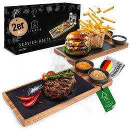  Serving board 'LUIS' 2-piece set made of FSC® acacia wood with slate plate & sauce bowls. Includes a variety of food items such as a burger, fries, and steak.

The image shows a serving board set made of FSC® certified acacia wood, with a slate plate and small sauce bowls. The set includes a variety of food items such as a burger, french fries, and a steak dish. The overall presentation suggests this is a high-quality serving set for a restaurant or home dining experience.
