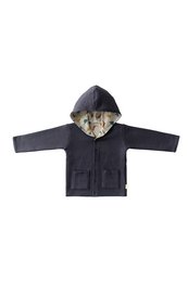 Deep indigo double-sided reversible hoodie for kids featuring a dinosaur print design. Made of soft, comfortable material suitable for everyday wear.