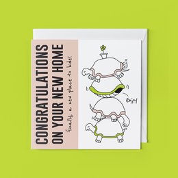 Whimsical animal greeting card with a playful, cartoon-style illustration of a stack of animals. The card features the text "Congratulations on your new home" and the website "thehappyfish.com".