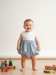  Blue and white baby romper with sailor-inspired design, suitable for infants 0-18 months.