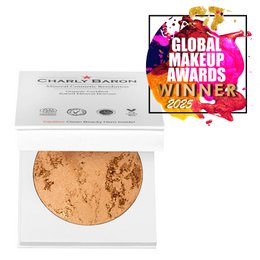 Baked Organic Mineral Makeup Bronzer, a round, golden-toned bronzer with a marbled texture.
