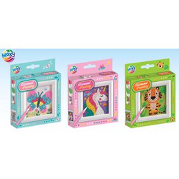  "Diamond painting kits with colorful frames, featuring animal designs in blue, pink, and green packaging"