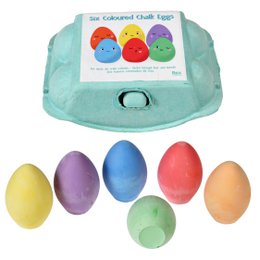 Six colorful chalk eggs in a carton. The eggs come in various pastel colors including red, yellow, purple, and blue. The carton has an illustration of the eggs on the front.