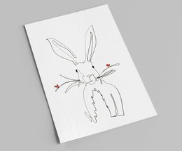 A simple, hand-drawn Easter postcard featuring a white rabbit with long ears and a heart-shaped nose.