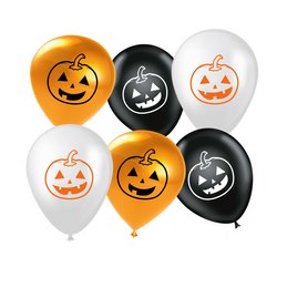 Colorful Halloween pumpkin balloons in orange, black, and white. The balloons feature jack-o'-lantern designs, making them perfect for Halloween decorations or parties.