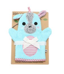 Soft, plush washcloth in the shape of a blue and pink puppy with a cute face and ears. Suitable for babies and toddlers during bath time.
