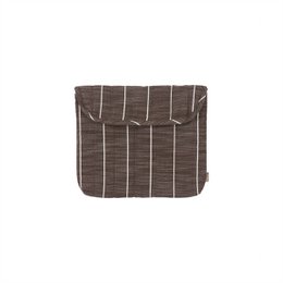  A sleek and stylish laptop bag in a dark brown striped pattern, designed to fit 13-inch laptops. The bag features a structured shape and a flap closure for secure storage.