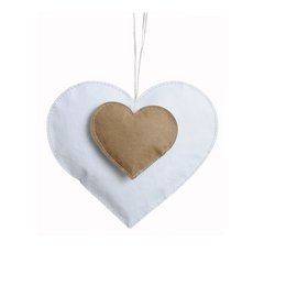 Soft, heart-shaped ornament in neutral colors of white and tan. Suitable for home decor or as a gift.