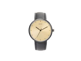 Stainless steel watch with a gold-tone dial and a black leather strap. Minimalist design with a round case.