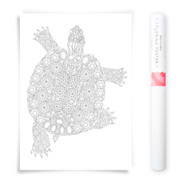 Gemstones Turtle Coloring Poster, Wall Art category. Detailed description: This is a coloring poster featuring a detailed turtle design with intricate gemstone patterns. The poster is suitable for wall art and can be used for coloring activities.