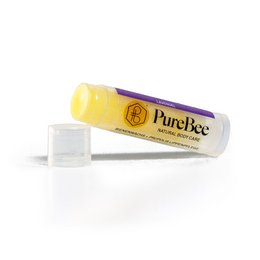 Lavender-scented lip balm in a yellow tube with the Pure Bee logo.