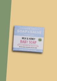 Gentle milk and honey baby soap, suitable for sensitive skin.