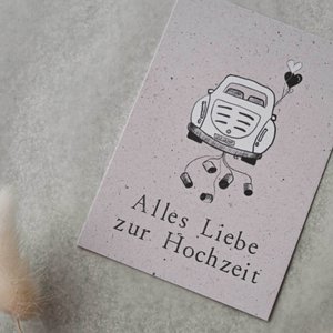 Klein kaartje "Happy Wedding" met illustratie auto