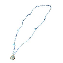  Plastic bead charm necklace with blue, multicolored, coffee, and black beads, featuring floral and heart-shaped charms in a gold-tone metal setting.