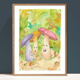 "Whimsical illustration of two cartoon-like mushroom characters in a colorful forest setting. The mushrooms have expressive faces and are surrounded by vibrant foliage and fungi."