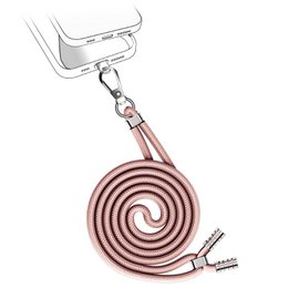 Metallic rose-colored phone cord with a spiral design and a metal charm.