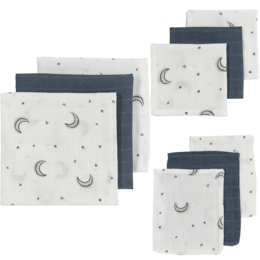Soft, absorbent baby bath towels in a moon and star pattern. Available in indigo color in various pack sizes.