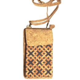 A square-shaped cork phone bag with a geometric pattern in brown and beige tones, featuring a long strap for carrying.