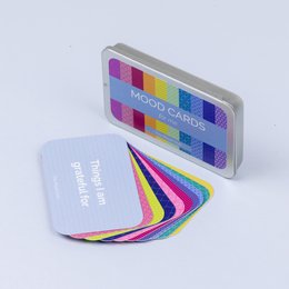 Colorful mood cards for positive mindset, mindfulness, self-care, and wellbeing. The cards feature a variety of vibrant colors and shapes, encouraging users to reflect on their emotions and mental state.