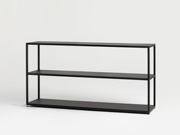 Metal bookcase with two shelves, black frame, suitable for storing books, decor, and other items.