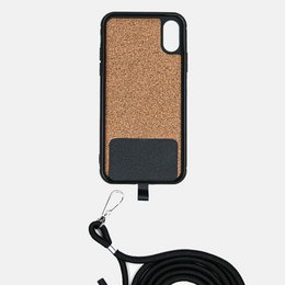 Cord universal mobile smartphone case with cork and black accents, featuring a wrist strap for convenience.