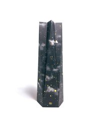 A tall, cylindrical vase with a dark, starry night sky design and a contrasting yellow interior. The vase has a unique shape that can also be used as a card holder.