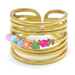  A gold-toned adjustable ring with a multi-colored stone accent.