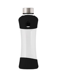 A reusable glass water bottle with a silicone protective sleeve in various colors including peach, berry, mint, white, and black. The bottle features a sleek, cylindrical design and a screw-top lid.