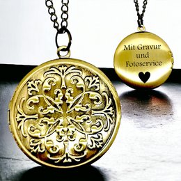 Customizable bronze photo medallion necklace with engraving and photo service. Ornate, round pendant with floral design. Suitable for charms category.