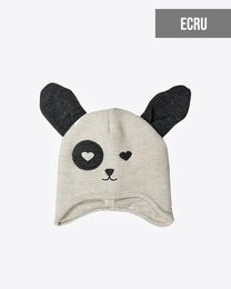 Ecru children's hat with panda-inspired design, featuring large ears and a heart-shaped nose. Indigo children's hat with bunny-inspired design, featuring large ears and heart-shaped accents.