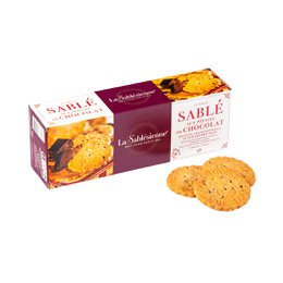 Chocolate chip shortbread cookies in a 125g cardboard box. Buttery, crumbly shortbread cookies with chocolate chips.