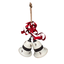  Small iron Christmas bell with double bells, hanging on a rope with a red ribbon. The bells have a simple, traditional design and are painted in a festive red color.