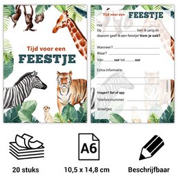  Jungle-themed party invitation cards featuring illustrations of various animals such as giraffes, zebras, and tigers. The cards are suitable for children's birthday parties or other jungle-themed events.