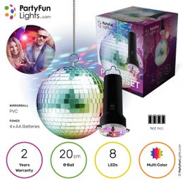 Rotating mirror ball party set with multi-color LED lights, including a 20cm mirror ball and 8 light points. Ideal for parties and events.