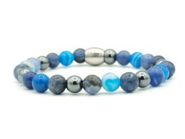 Blue beaded bracelet with varying bead sizes and textures, suitable for casual or formal wear.