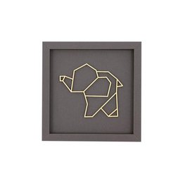 A framed wooden card with a geometric elephant design in gold wire. The card is available in various color variants including altrosa, taubengrau, taupe, eosin, aubergine, petrol, dunkelgrau, schwarz, and rehbraun, in sizes small and medium.