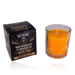 Whiskey-scented candle in a glass container with a gift box. The candle has a special blend fragrance and is made of high-quality materials.
