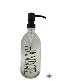 Transparent glass soap dispenser with black 'Handgel' premium text, 500ml capacity.