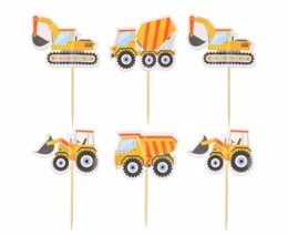6 piece construction vehicle party table decorations, including orange and yellow excavators and dump trucks.