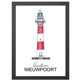 Framed poster of the Nieuwpoort lighthouse in red and white colors.