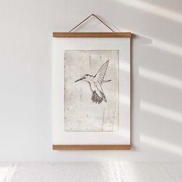 Hummingbird art print, available in A5, A4, and A3 sizes, featuring a sketch-like illustration of a hummingbird in a vintage style.