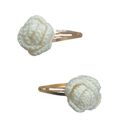  Off-white, soft wool hair clips with hand-crocheted rose designs, handmade in Nepal.