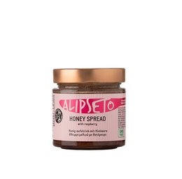 Honey spread with raspberry, 300g. Sweet and fruity honey spread with a vibrant pink color.