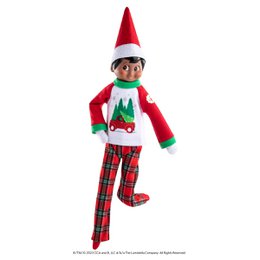 Red and green elf doll with a tall red hat, plaid pajama bottoms, and a green and white top.